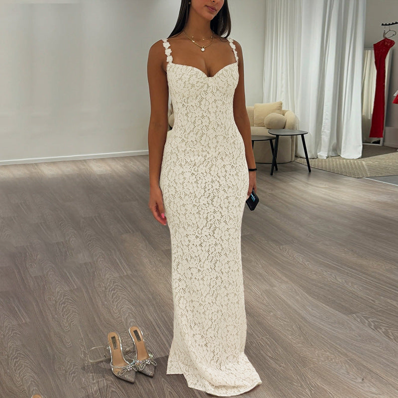 Yellow Lace Maxi Dress - V-Neck Camisole Gown