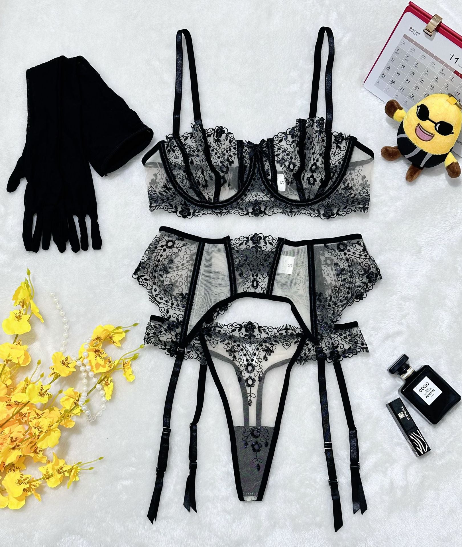 Floral Embroidery Mesh Lingerie Set - Sheer Patchwork - Fashions Envy