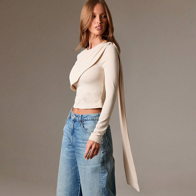 Shoulder Shawl Crop Top - Apricot Long Sleeve Pullover