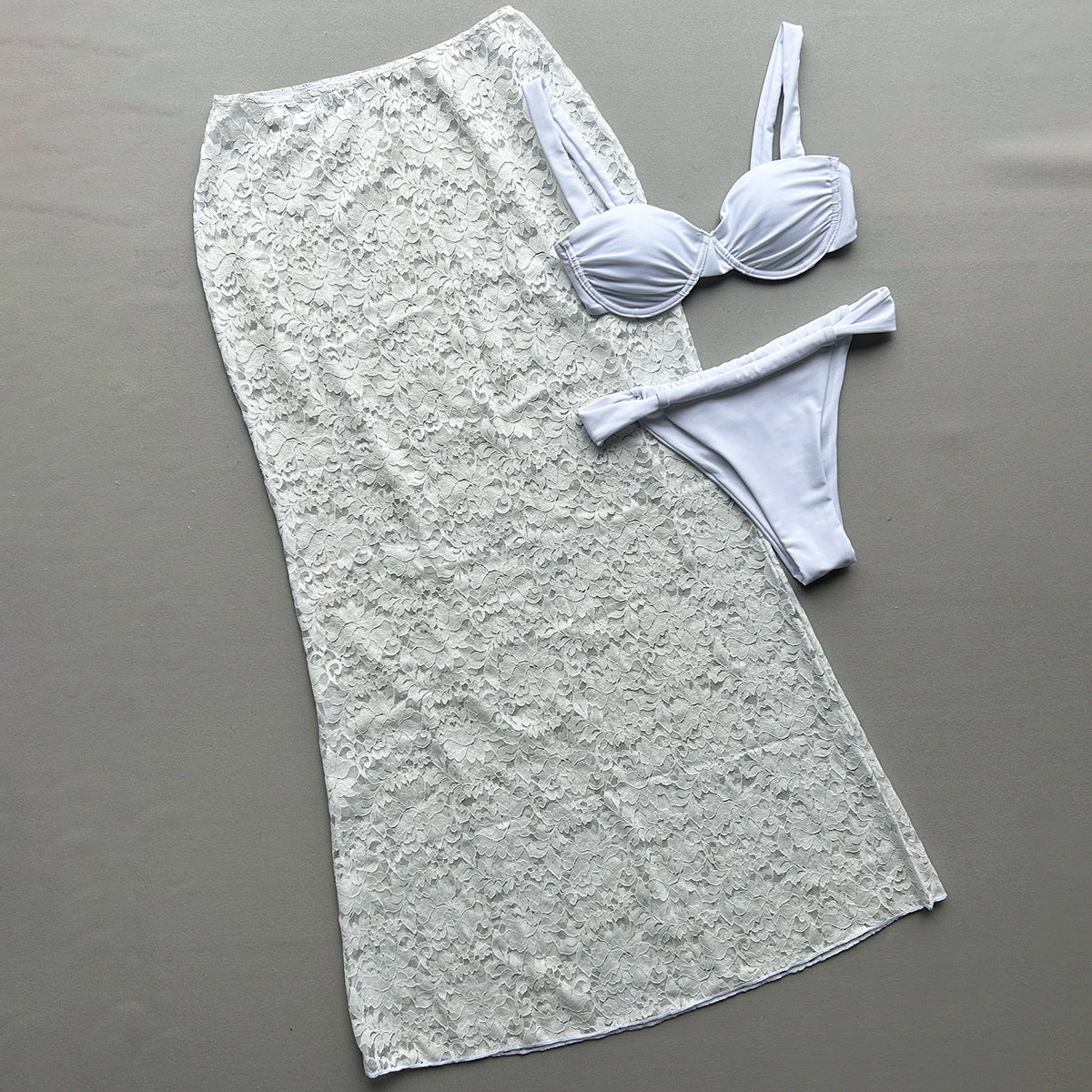 Bikini Set with Cover-Up - White Lace Three-Piece - Fashions Envy
