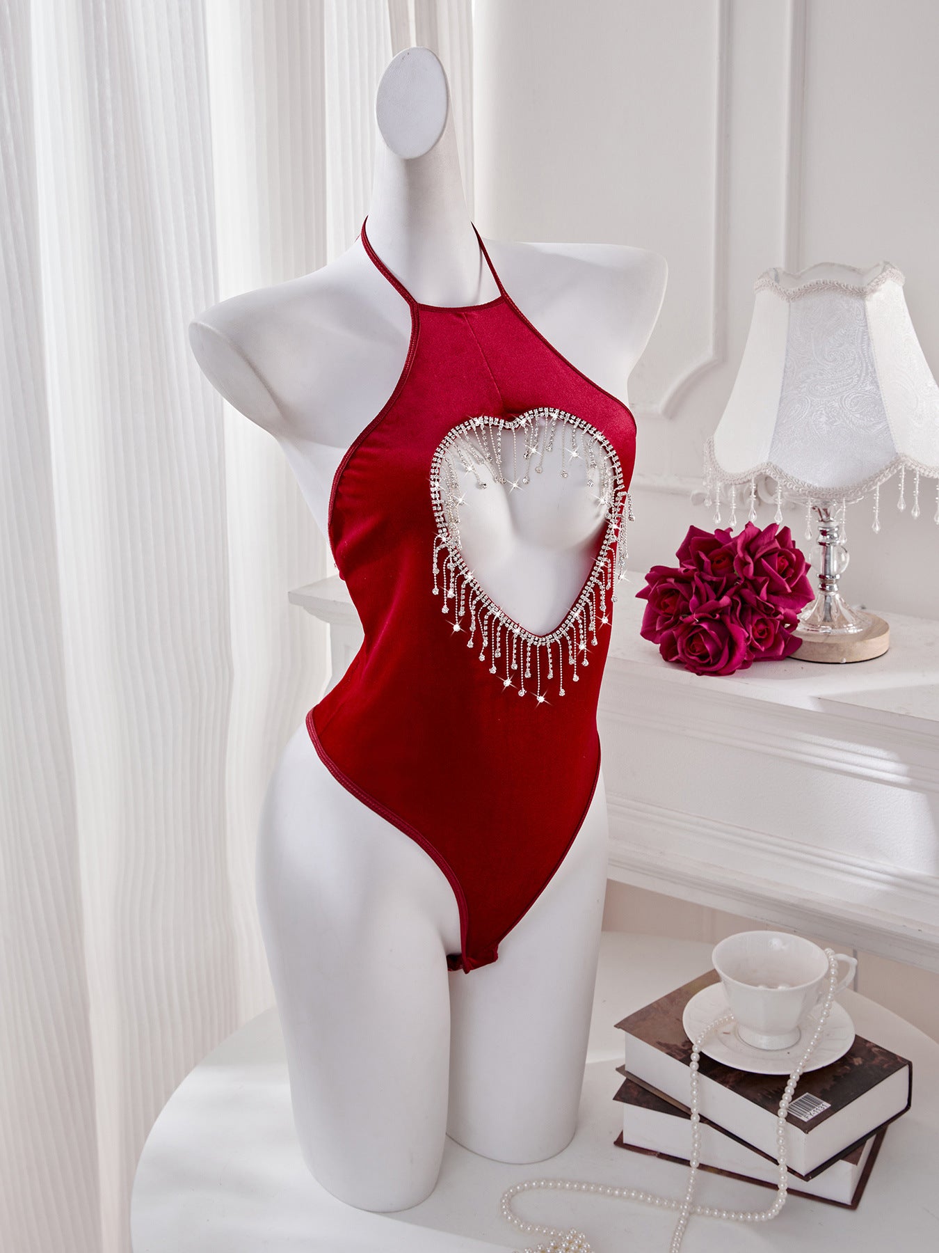 Velvet Bodysuit Lingerie - Halter Neck Cutout Style - Fashions Envy