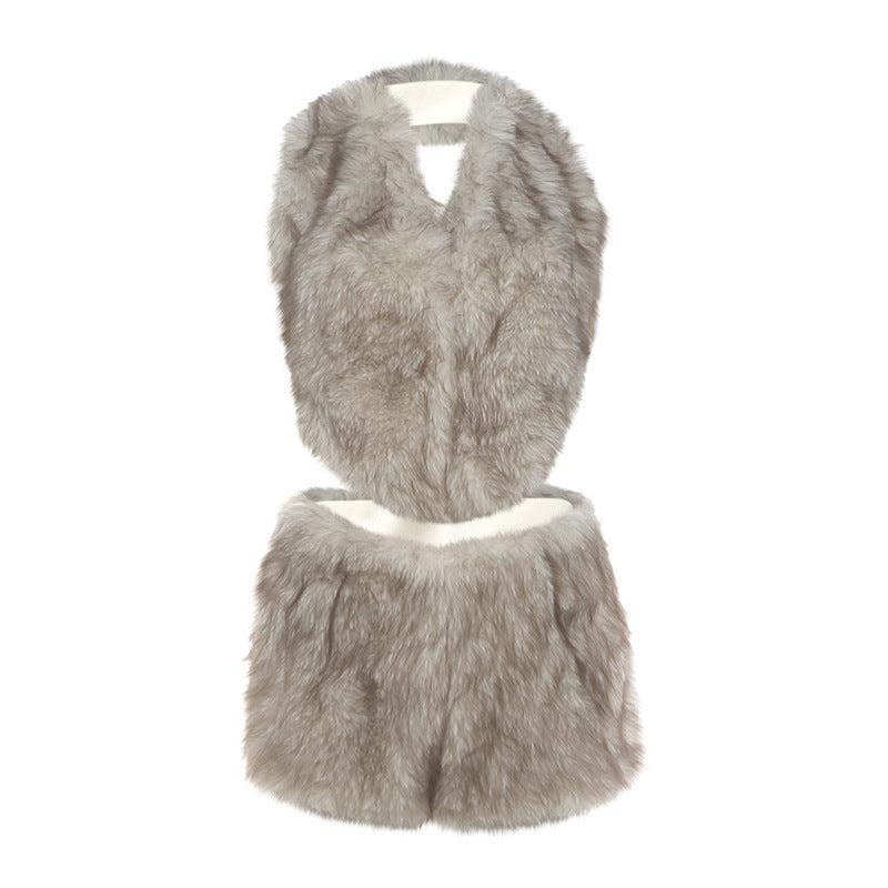 Backless Lace-Up Top and Shorts Set - Khaki Two Piece - Fashions Envy