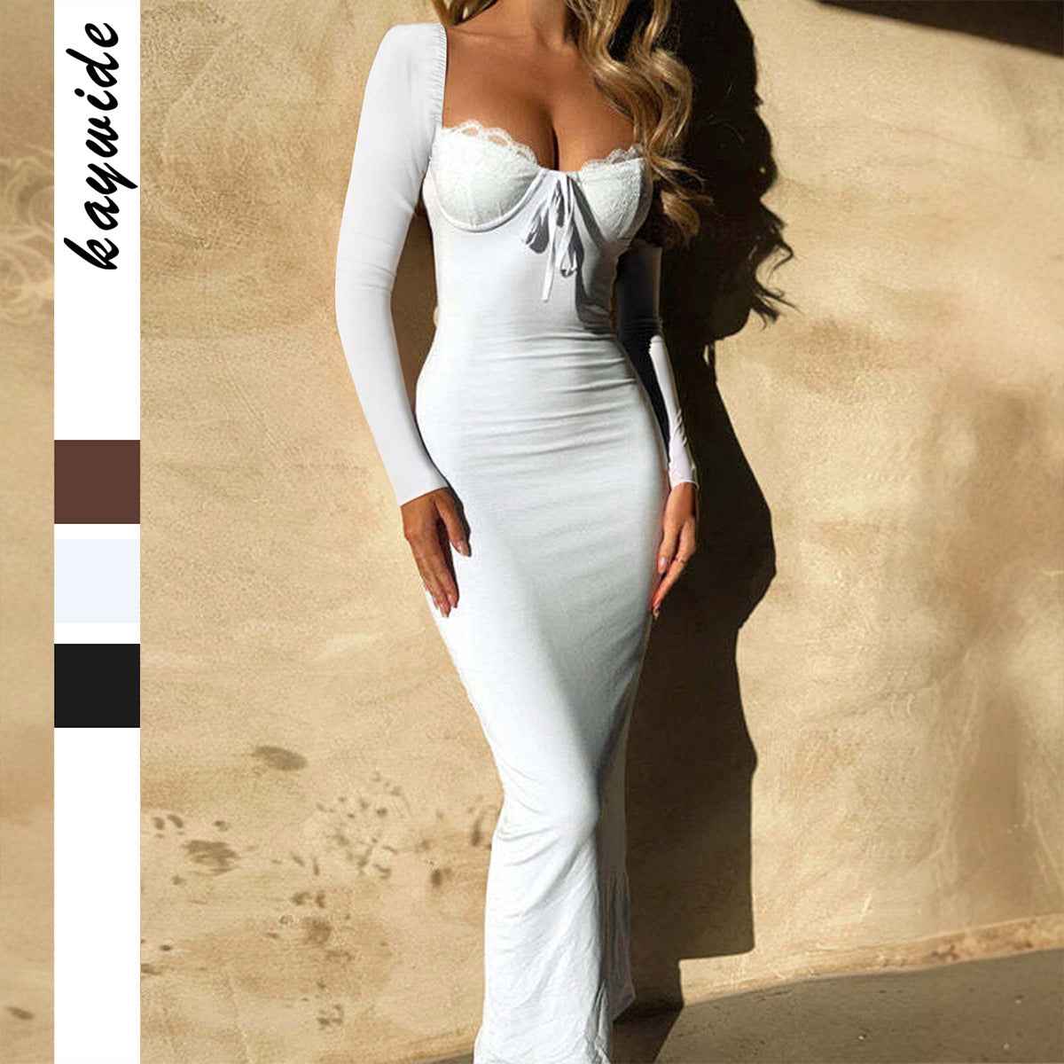 Lace Long Sleeve Bodycon Dress - V-Neck High Waist