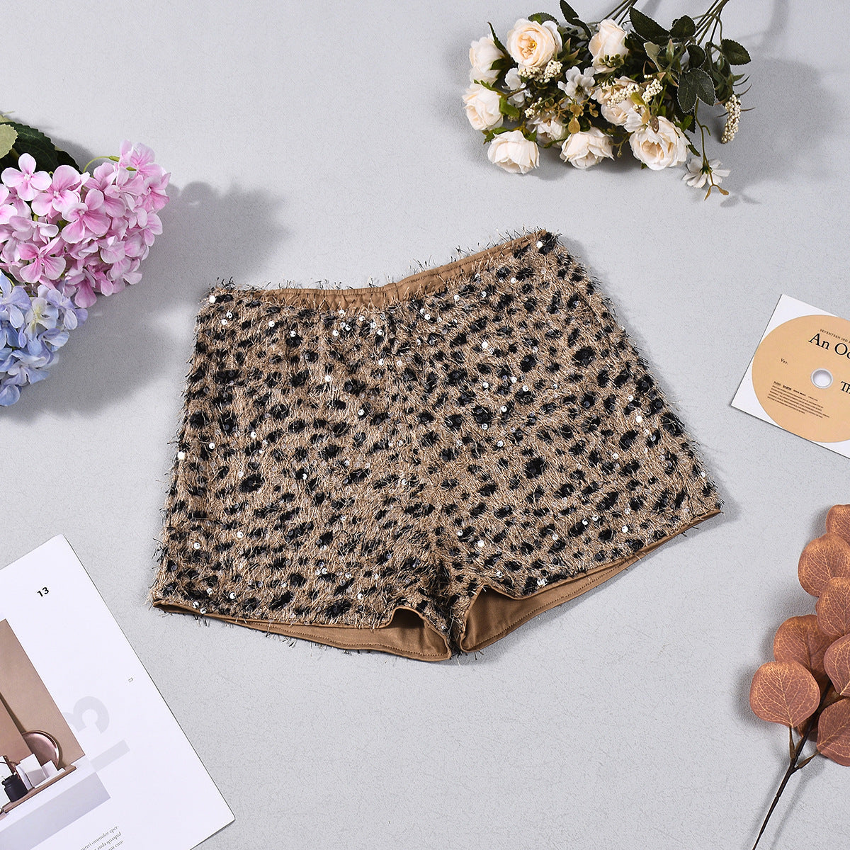 Leopard Print Sequin Shorts - Low Waist Party Style