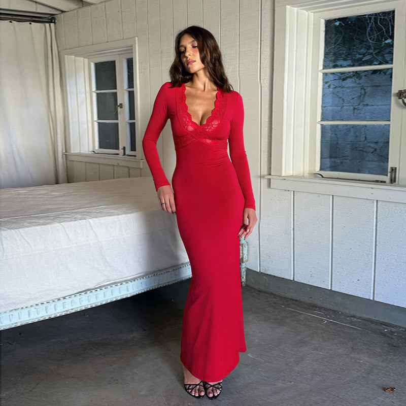 Lace Patchwork Maxi Dress - Red Long Sleeve Bodycon