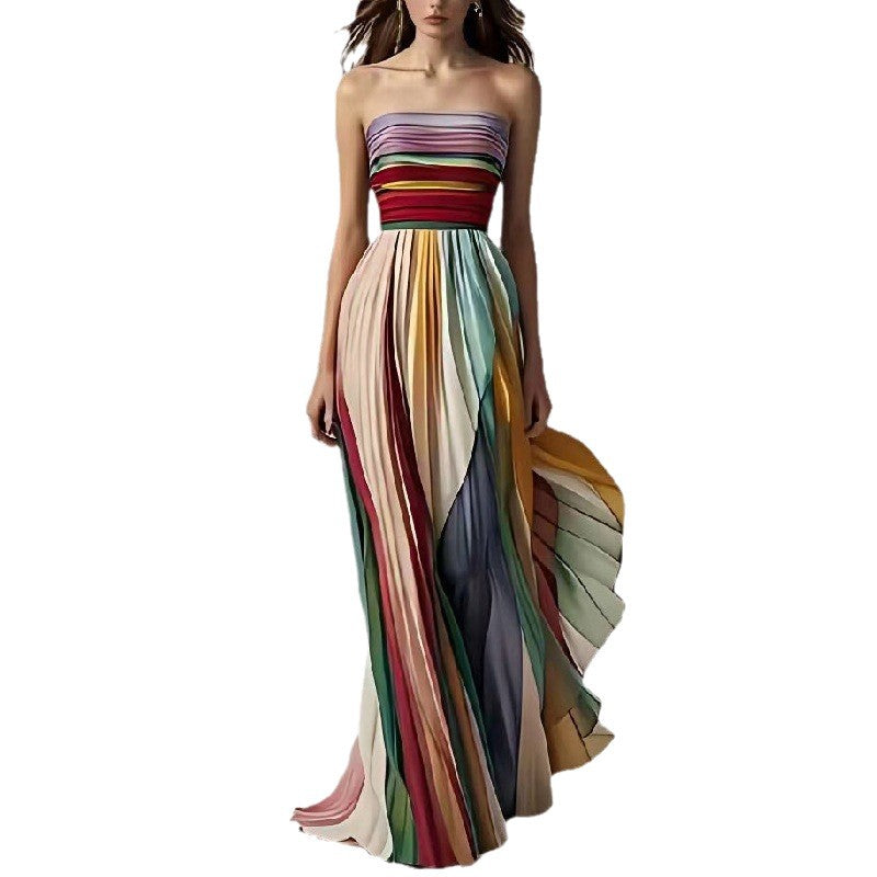 Strapless Color-Block Prom Gown - High Waist Printed Dress