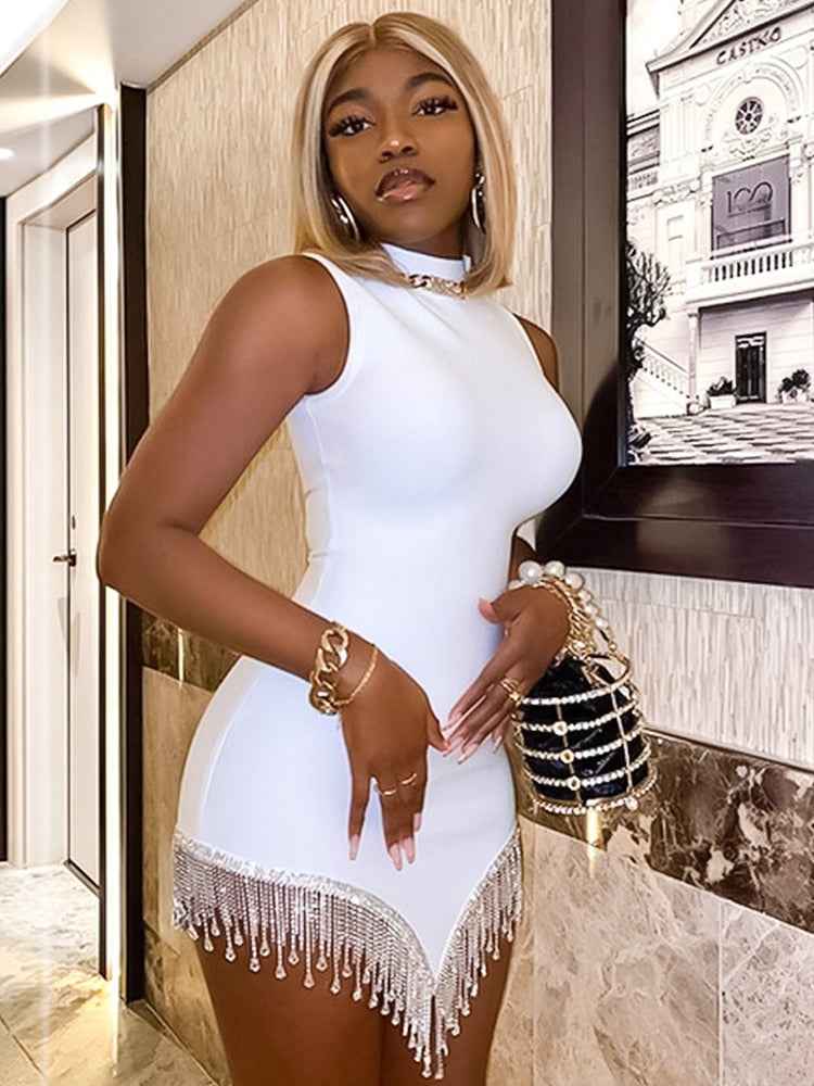 White Bodycon Prom Mini Dress - Irregular Tassel Gown