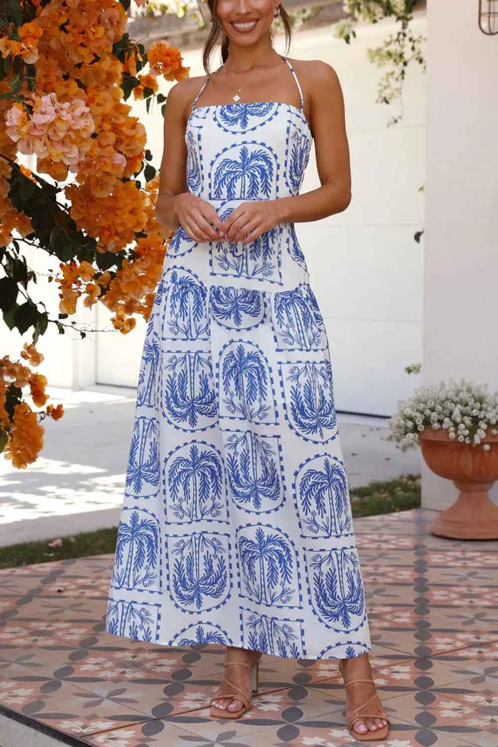 Printed Halter Maxi Dress - Tied Neck Flowy Vacation