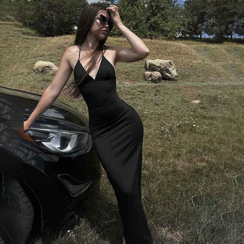 Black Deep V Backless Maxi Dress - Strap High Waist