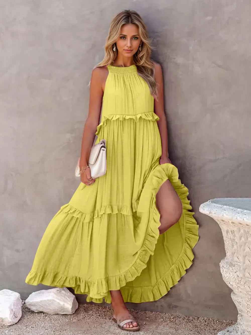 Smocked Tiered Ruffle Maxi Dress - Sleeveless with Pockets