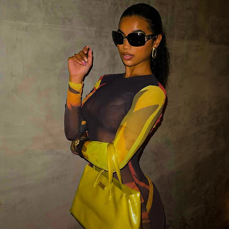 Mesh Maxi Dress - Sheer Long Sleeve Bodycon Dress