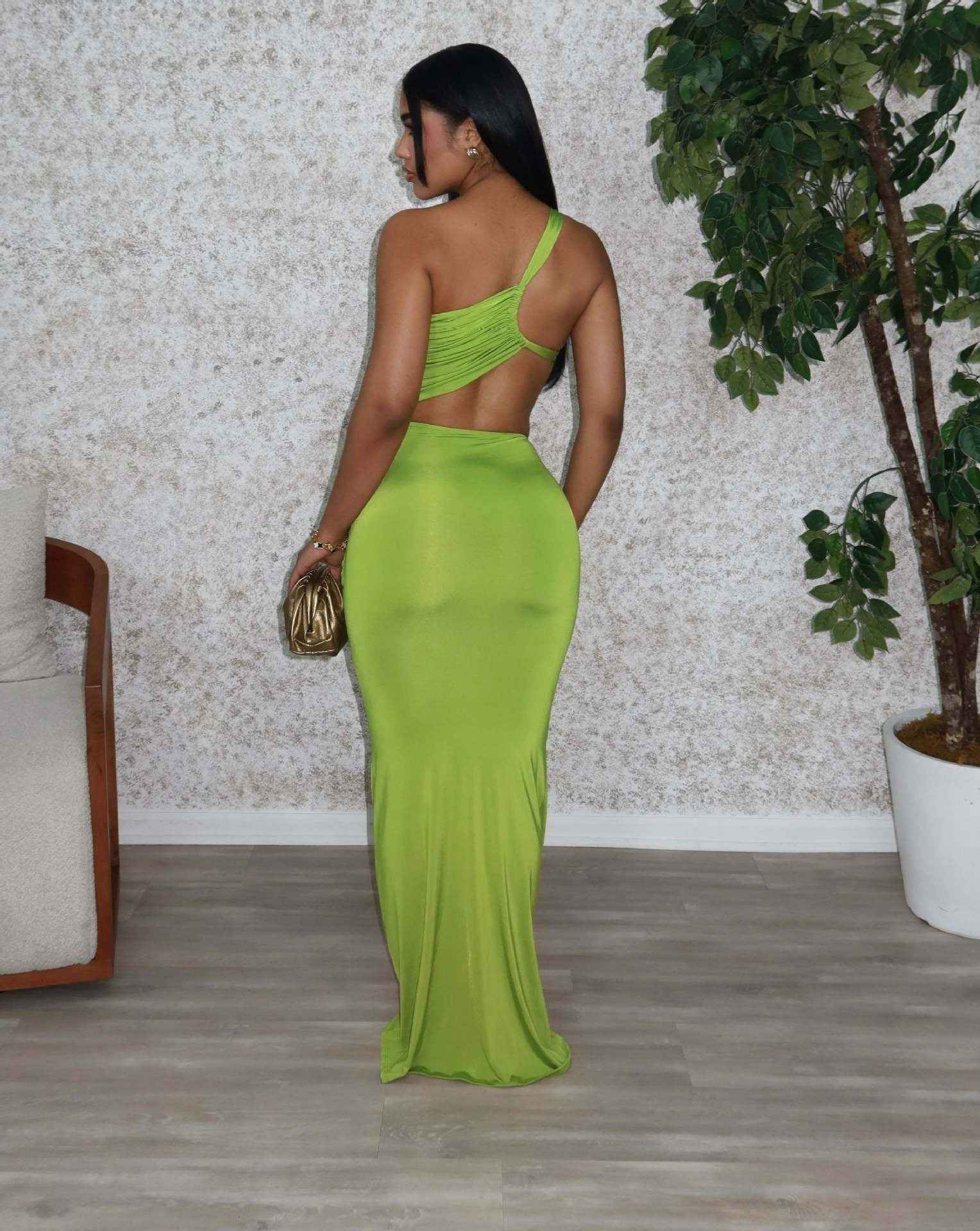 One Shoulder Cutout Maxi Dress - Pleated Bodycon Fit