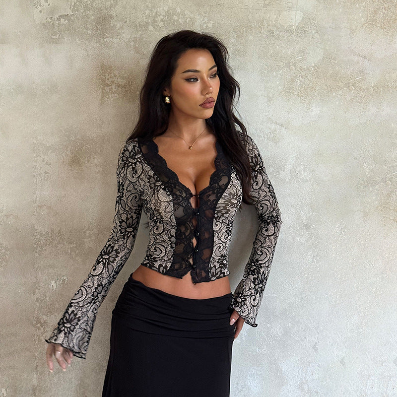 Deep V-Neck Lace Top - Black Long Sleeve Slim Fit