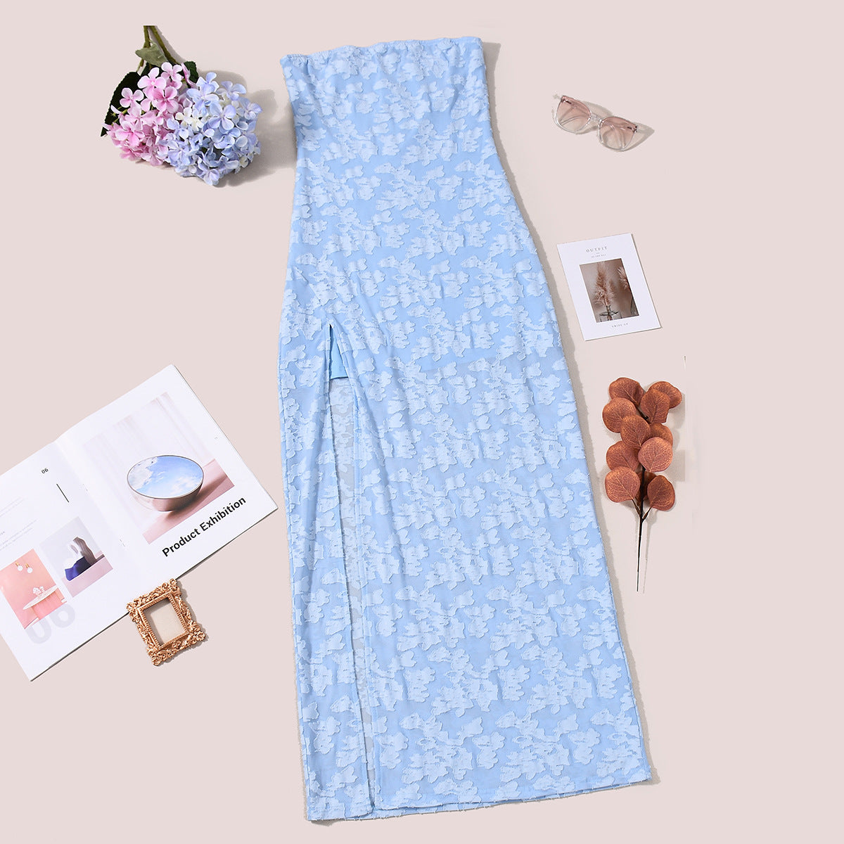 Strapless Backless Maxi Dress - Burnt Floral Blue - Fashions Envy