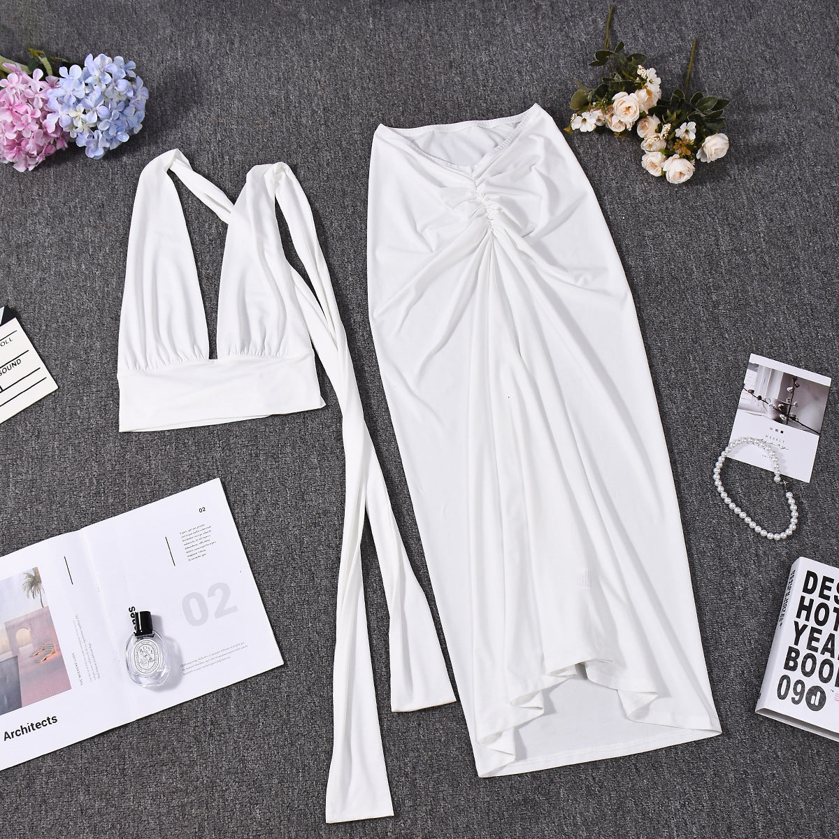 Halter Crop Top and Maxi Skirt Set - White Backless Outfit