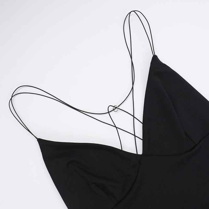 Black Deep V Backless Maxi Dress - Strap High Waist