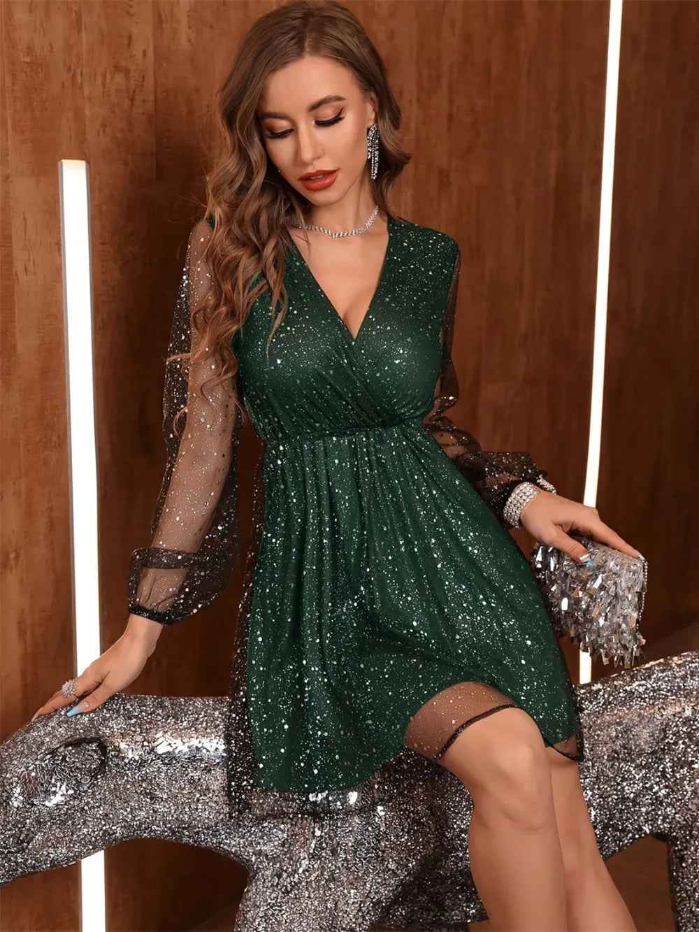 Dark Green Glitter Mini Dress - Surplice Long Sleeve