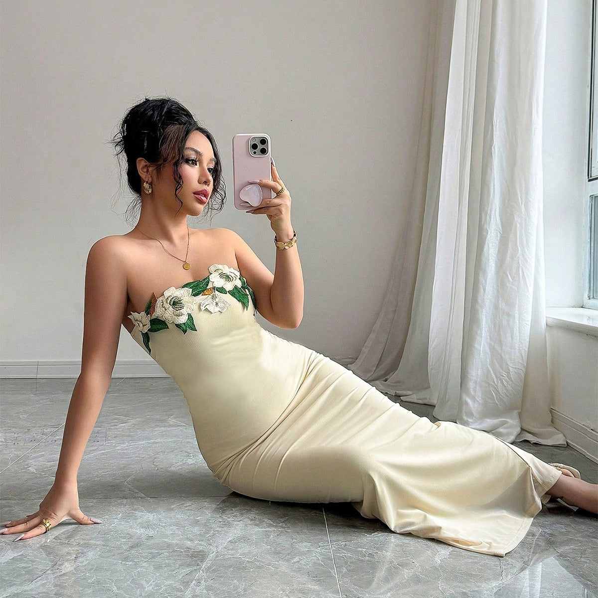 Strapless Backless Maxi Dress - 3D Floral Detail - Fashions Envy