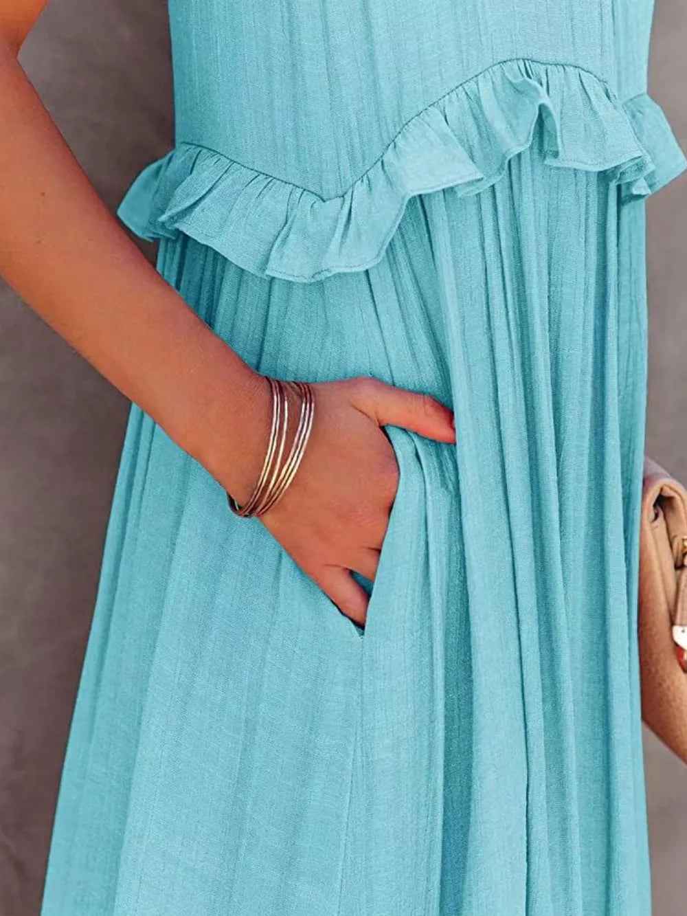 Smocked Tiered Ruffle Maxi Dress - Sleeveless with Pockets