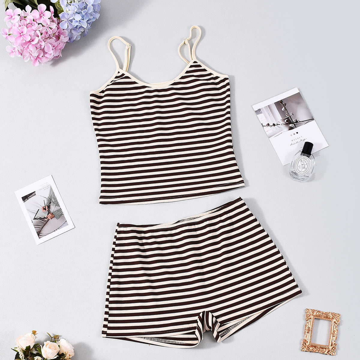Slim Fit striped Halter Mini Shorts Set