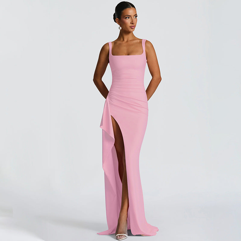 Backless Evening Dress - Strap High Slit Gown