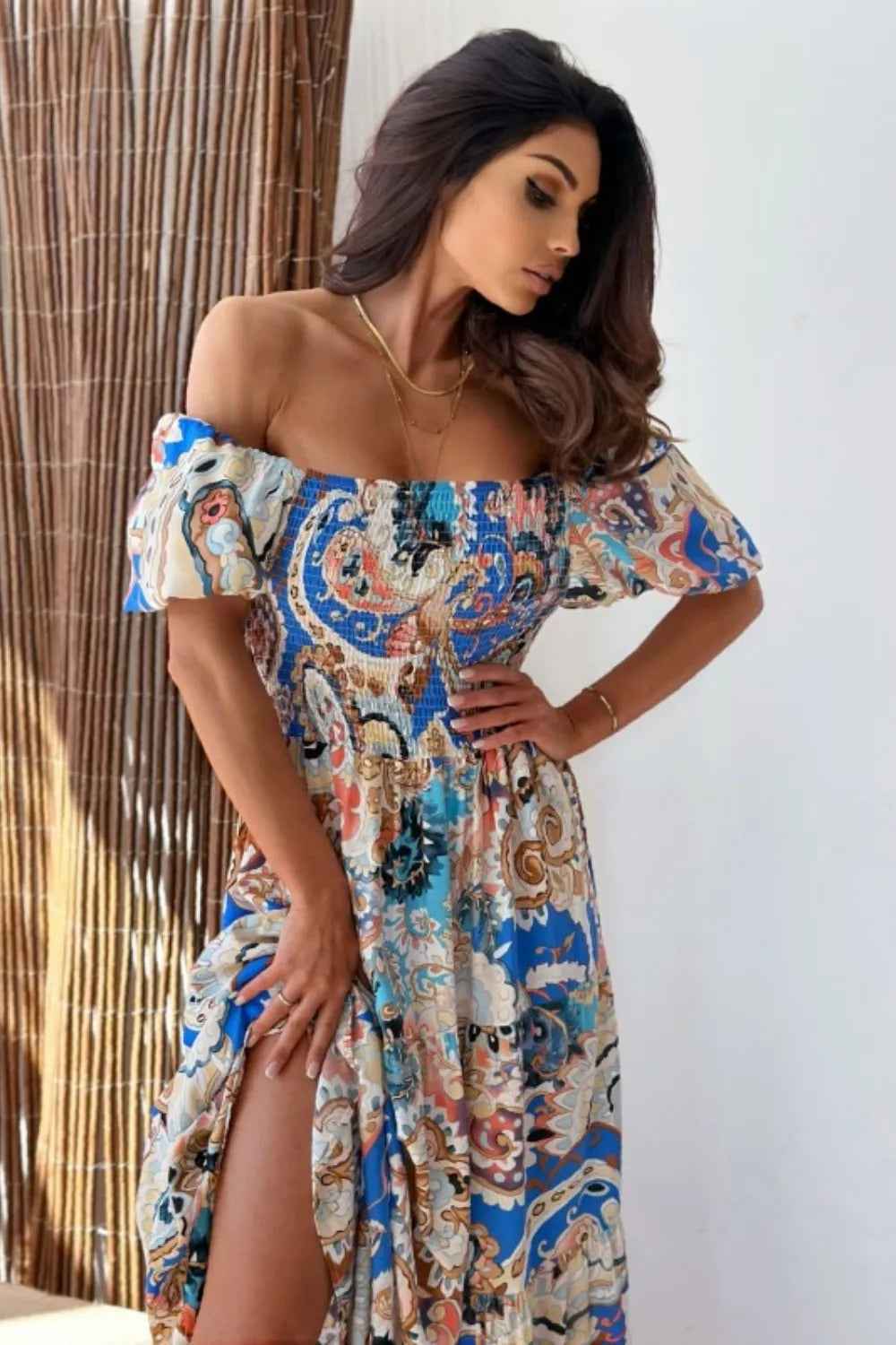 Smocked Bodice Maxi Dress - Printed Short Sleeve Flowy