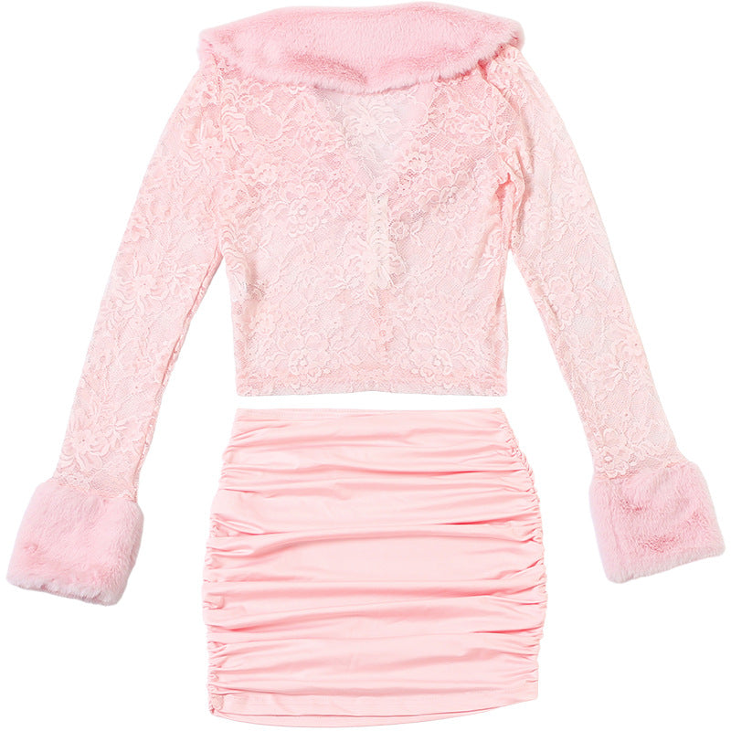 Lace Top and Pleated Skirt Set - Long Sleeve Two Piece - Fashions Envy