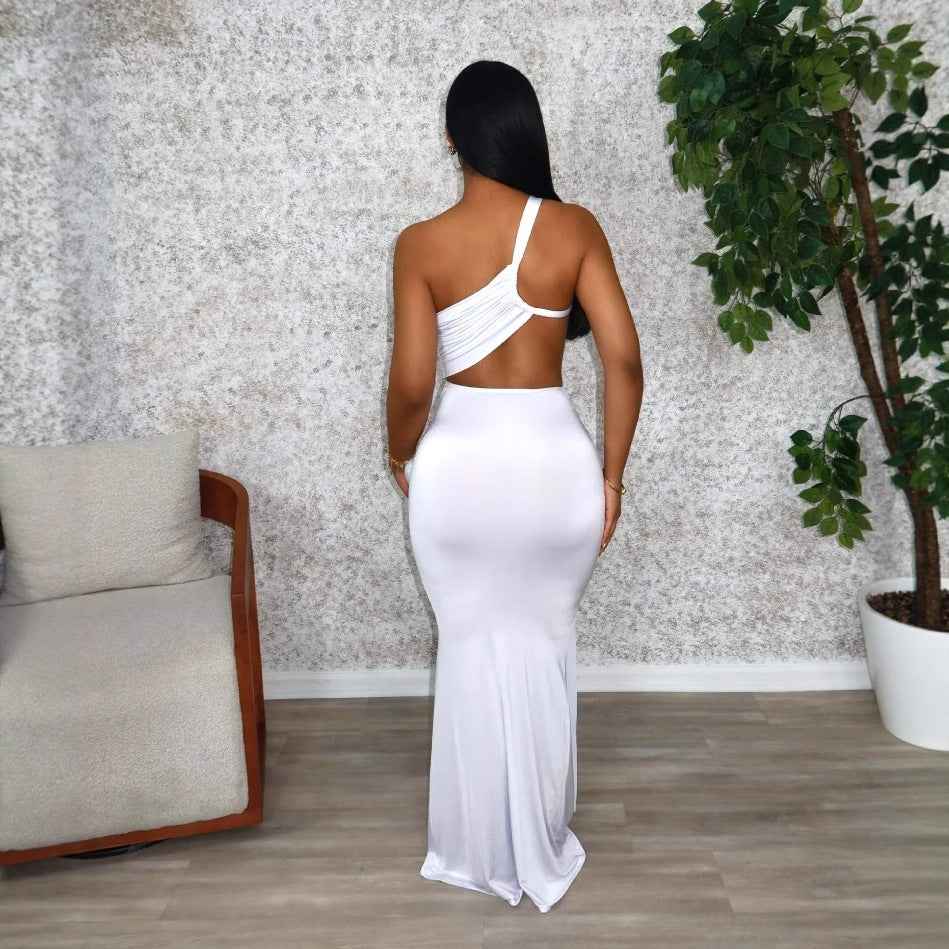 One Shoulder Cutout Maxi Dress - Pleated Bodycon Fit