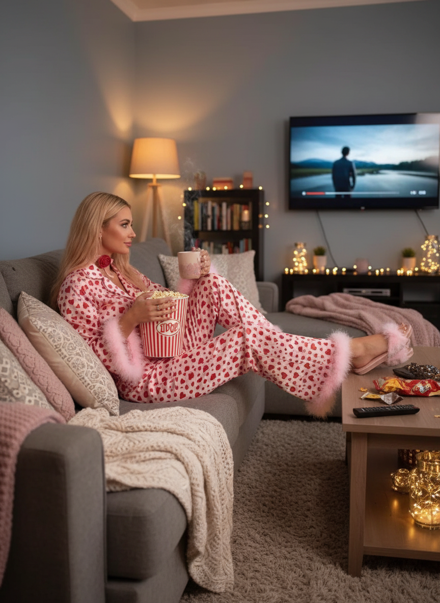 Woman in heart print lounge set enjoying cozy movie night on sectional sofa