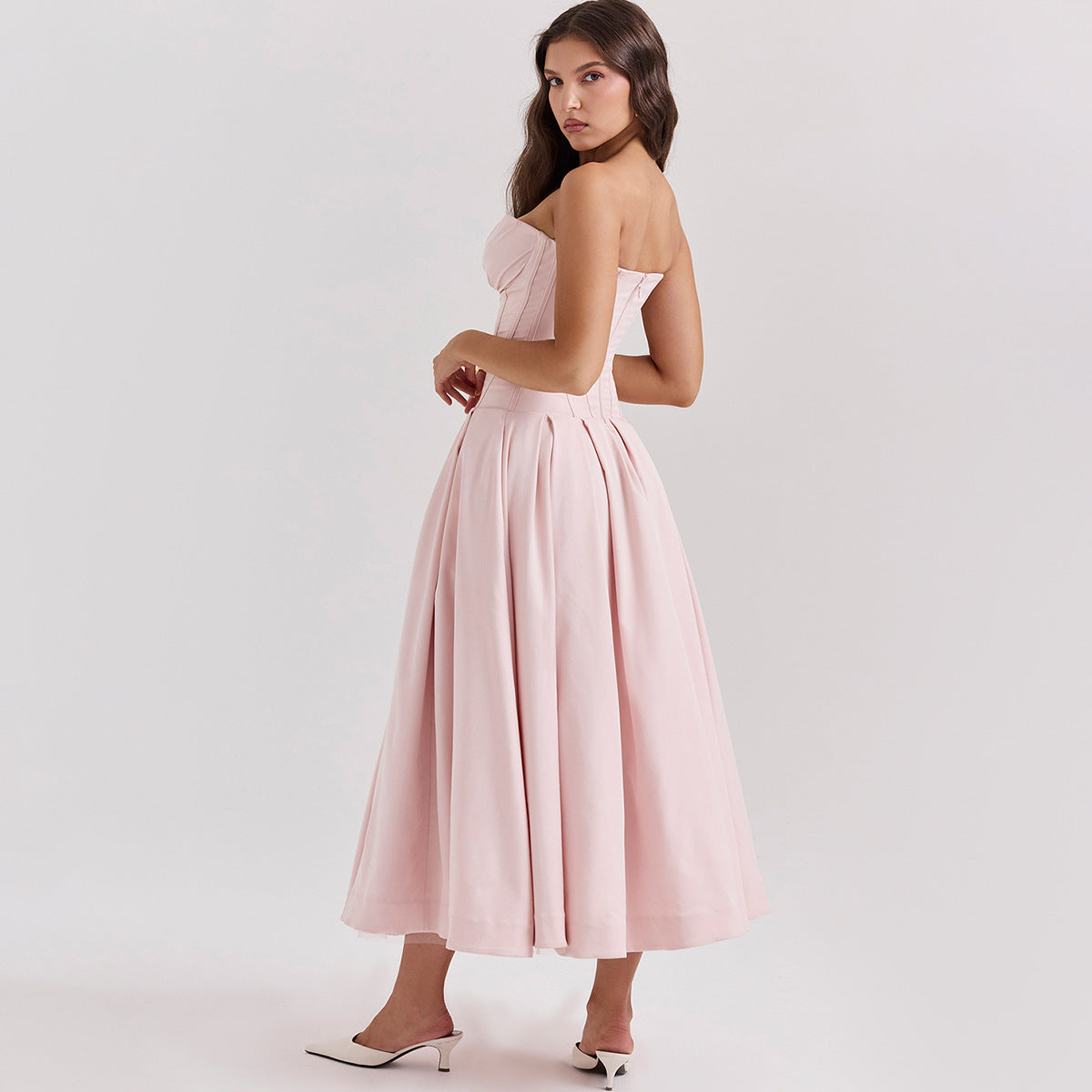 Strapless Midi Dress - Backless Tie Waist Style