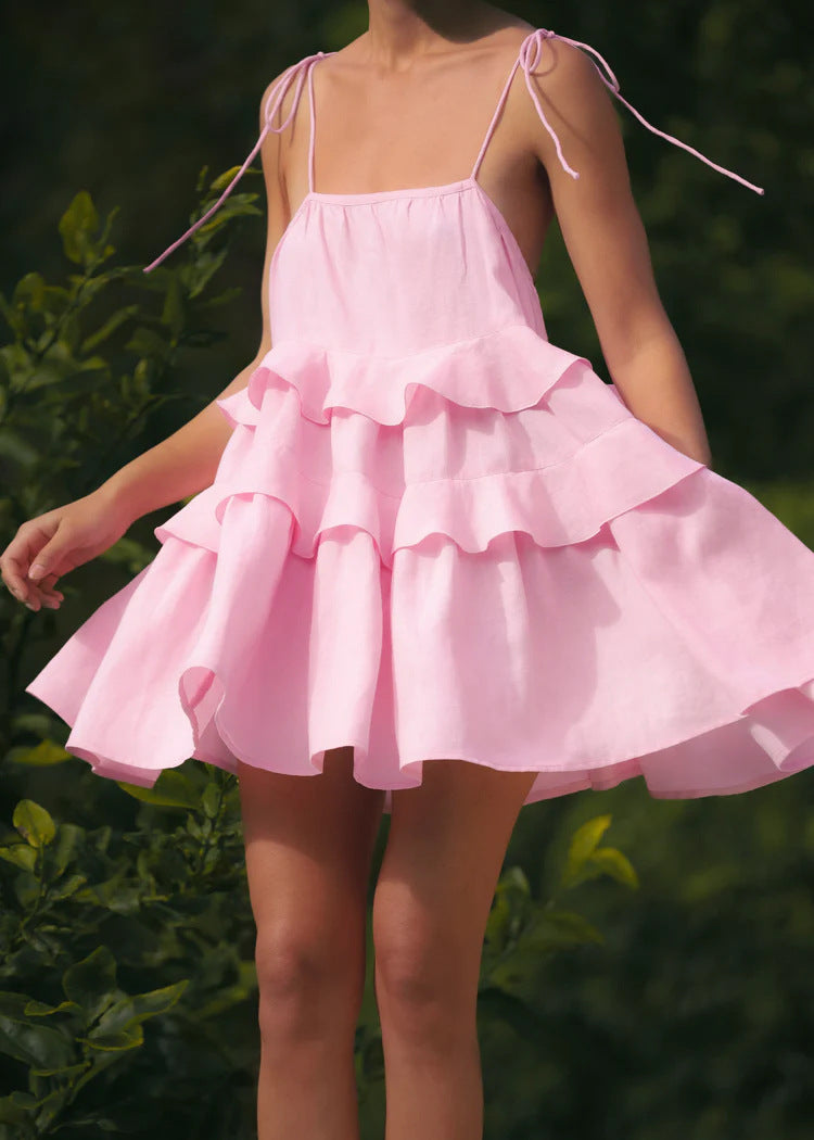Summer Multi-layer Ruffled Mini Dress - Backless Adjustable Camisole