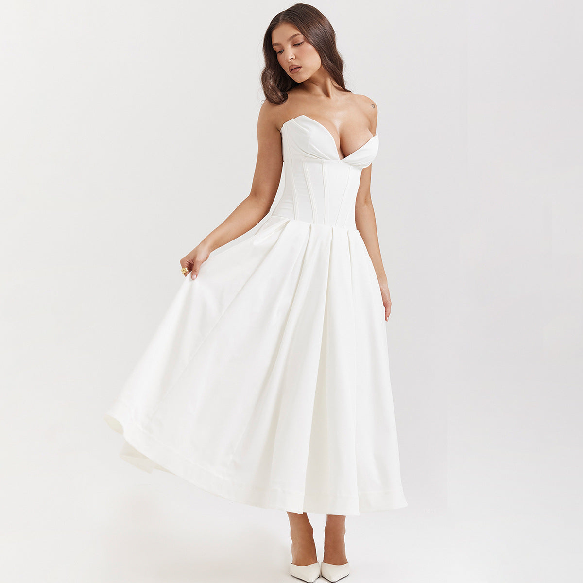 Strapless Midi Dress - Backless Tie Waist Style