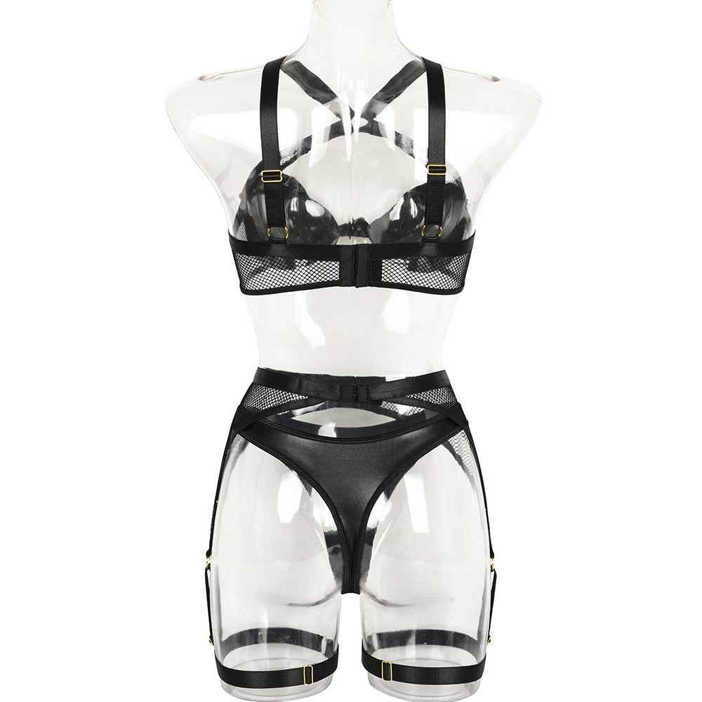 Mesh Lingerie Set - Black Bra Thong Garter Belt Three Piece