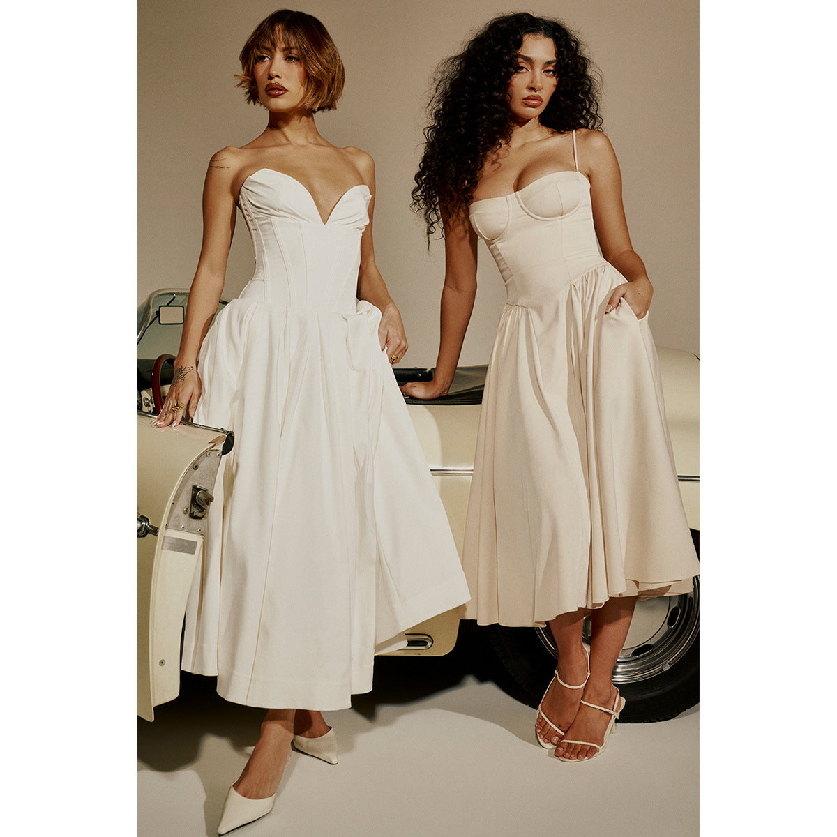 Strapless Midi Dress - Backless Tie Waist Style