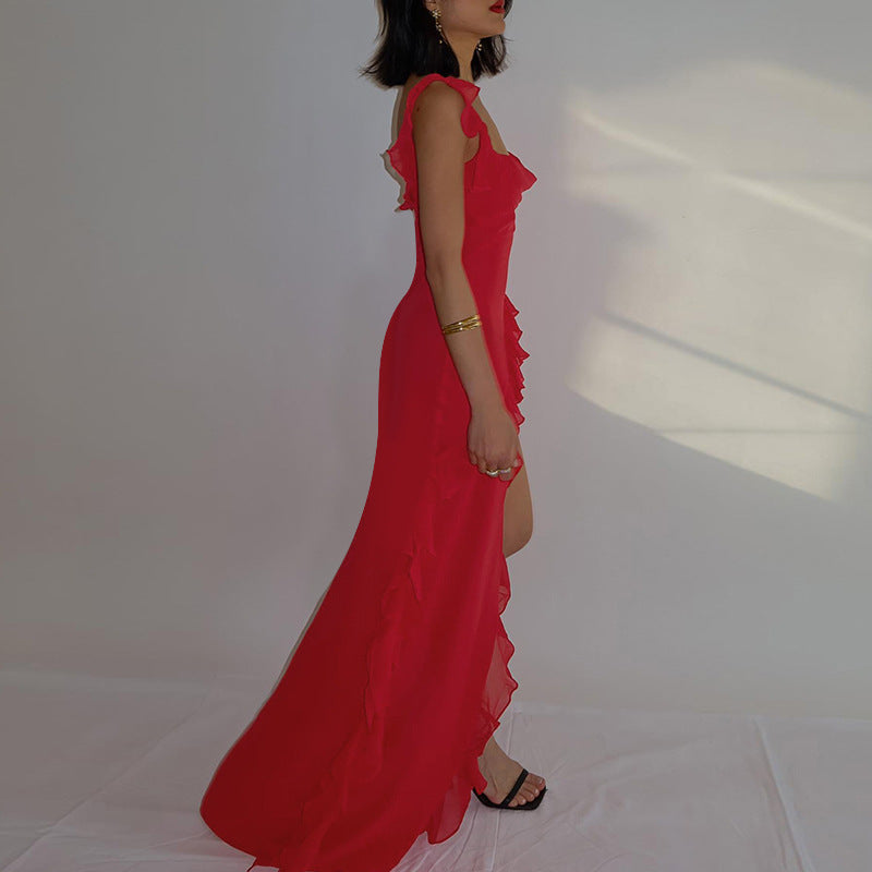 Spaghetti Strap Maxi Dress - Elegant High Slit Evening Gown