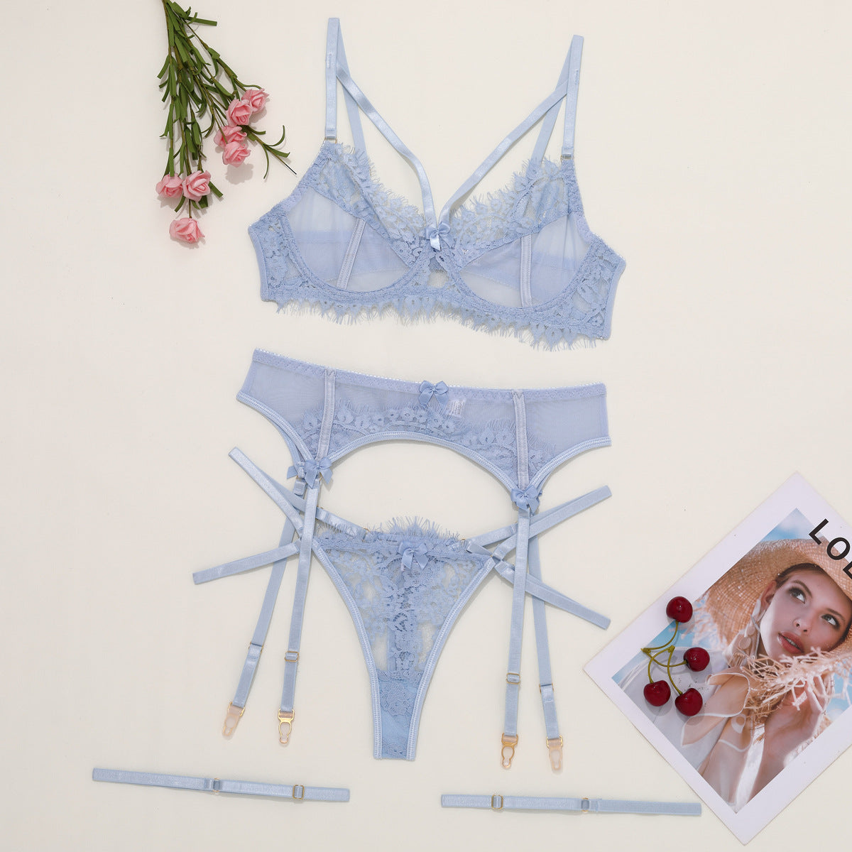 Eyelash Garter Set - 3 Piece Sheer Lingerie