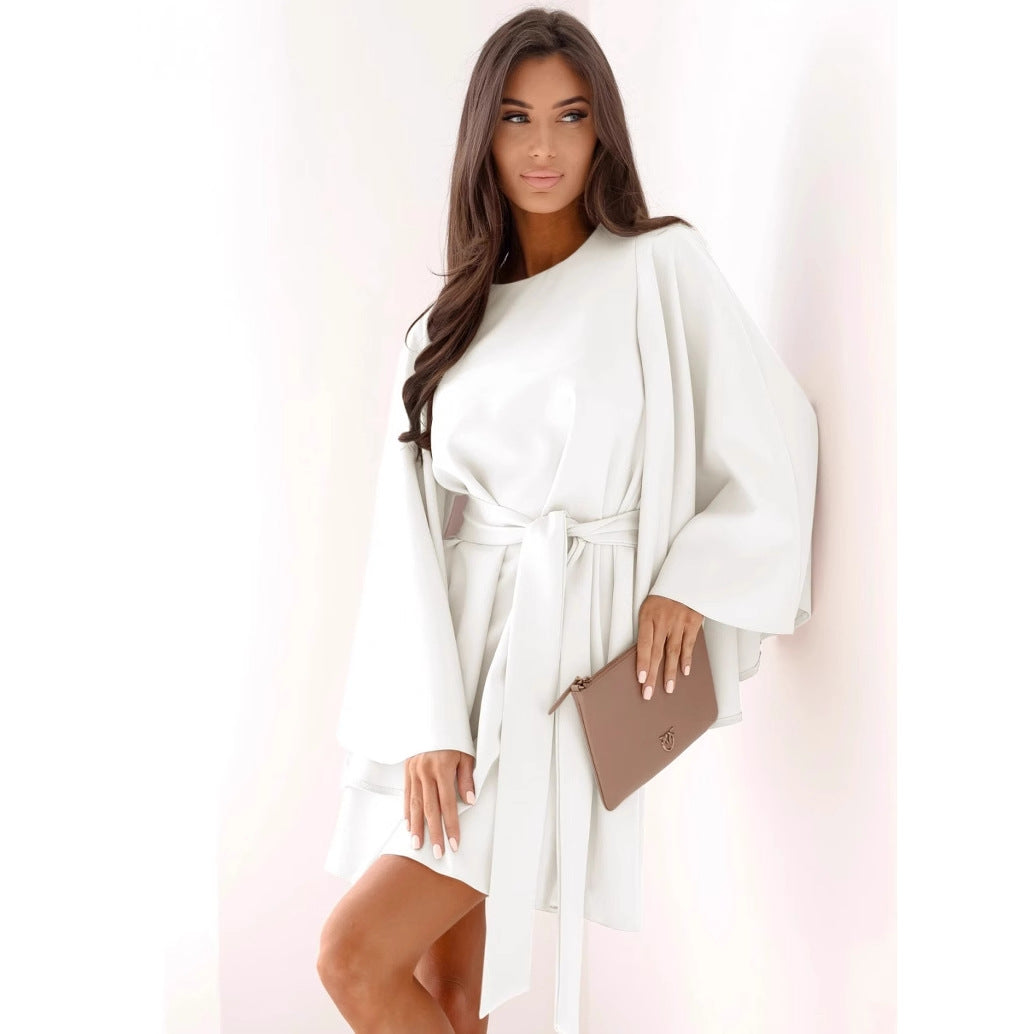 Autumn Mini Dress - Flared Sleeve Lace-Up Round Neck