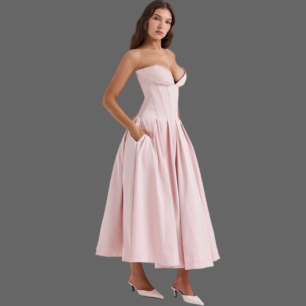 Strapless Midi Dress - Backless Tie Waist Style