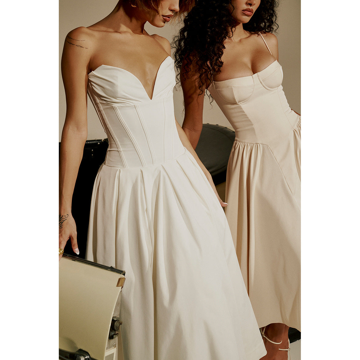 Strapless Midi Dress - Backless Tie Waist Style