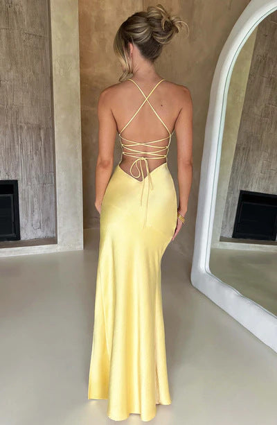 Backless Slit Maxi Dress - Satin Halter Neck Style