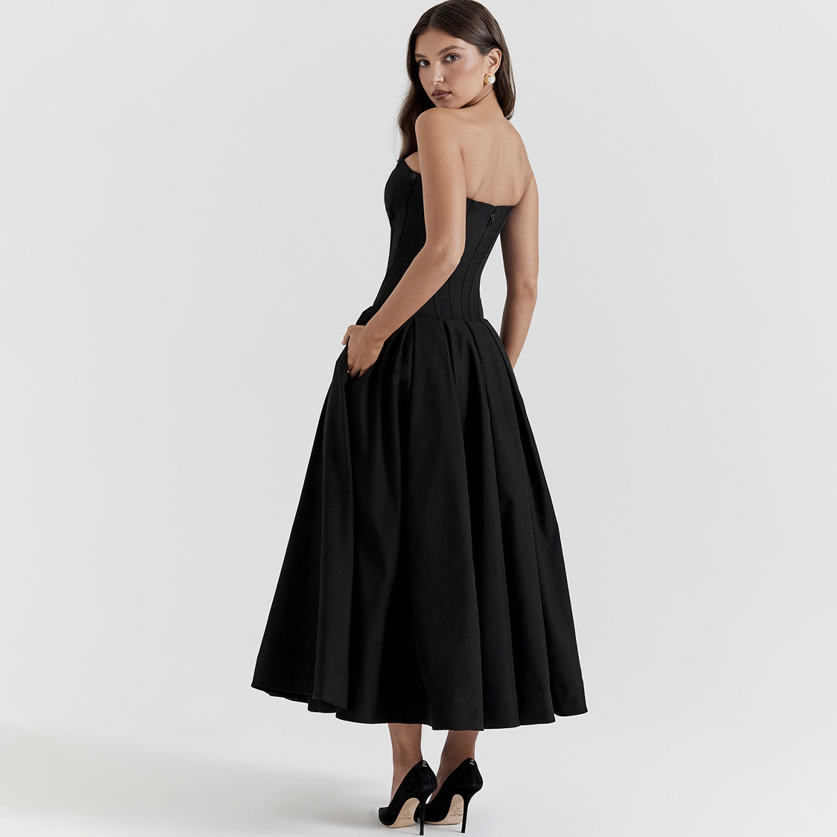 Strapless Midi Dress - Backless Tie Waist Style