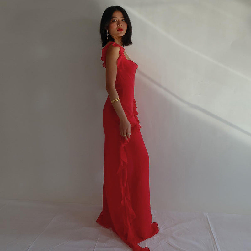 Spaghetti Strap Maxi Dress - Elegant High Slit Evening Gown