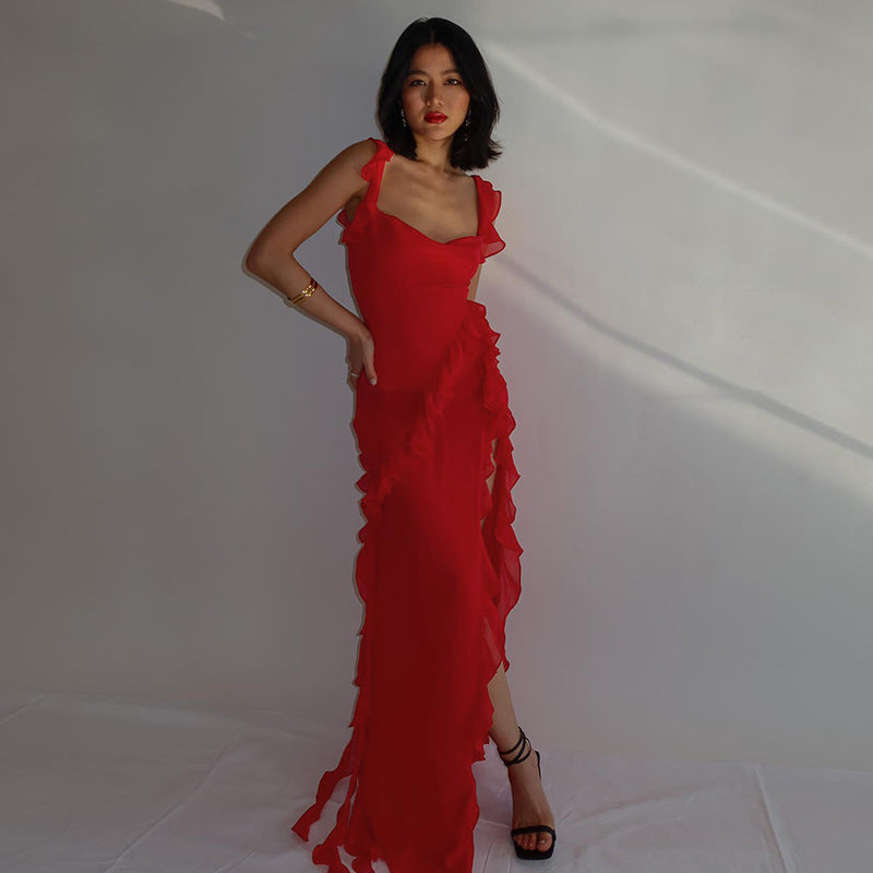 Spaghetti Strap Maxi Dress - Elegant High Slit Evening Gown