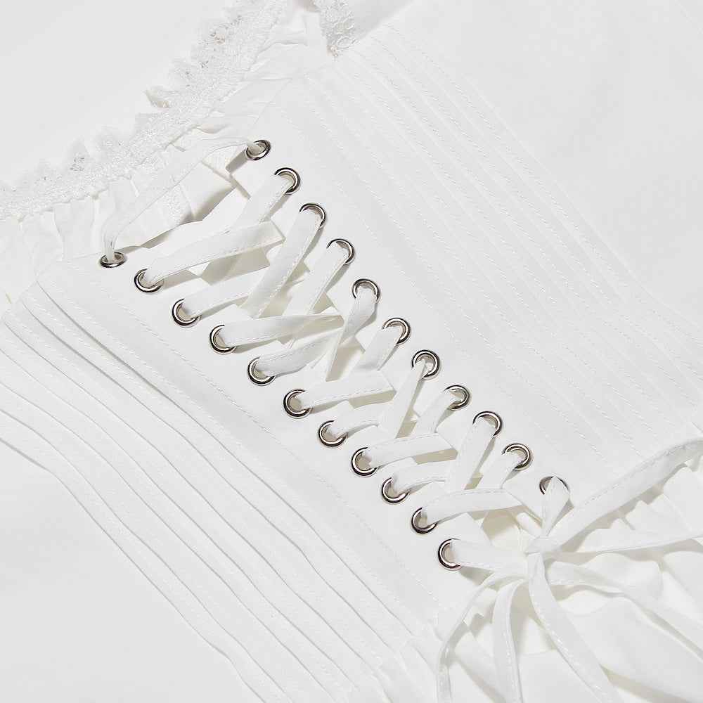 White Lace Backless Dress - Spaghetti Strap Patchwork Midi