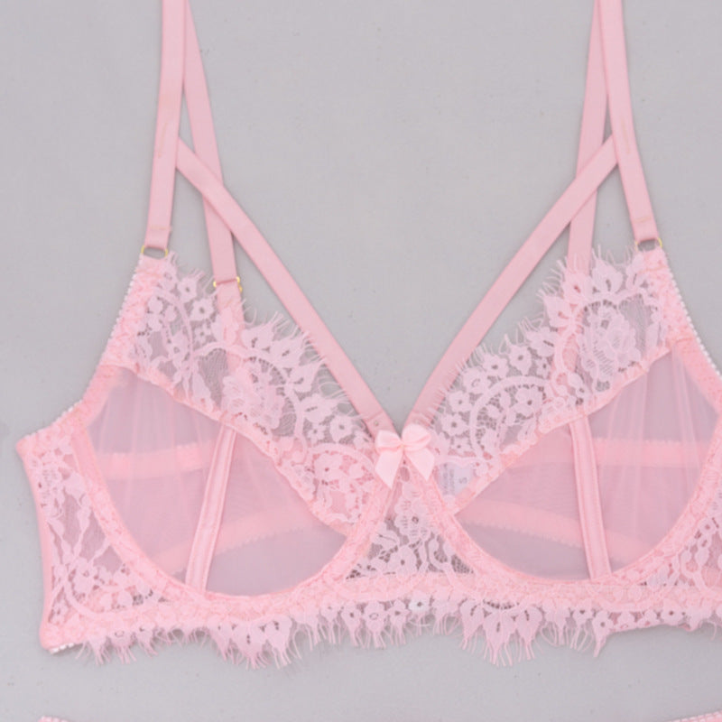 Eyelash Garter Set - 3 Piece Sheer Lingerie