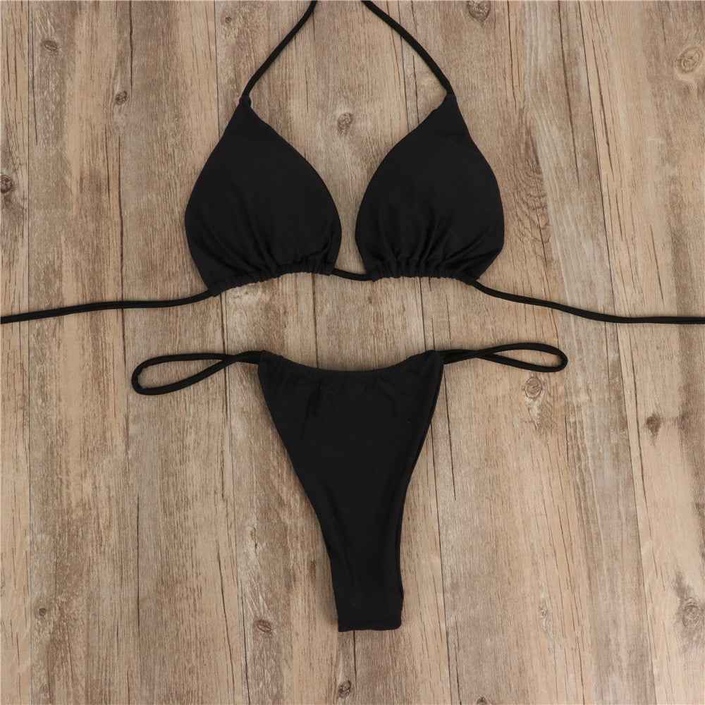 Halter Tie Bikini Set - High Cut Cheeky Solid Color