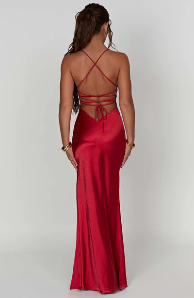 Backless Slit Maxi Dress - Satin Halter Neck Style