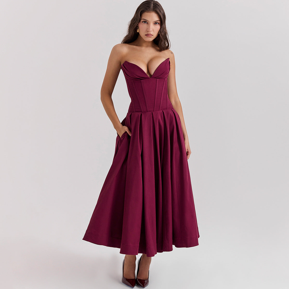 Strapless Midi Dress - Backless Tie Waist Style