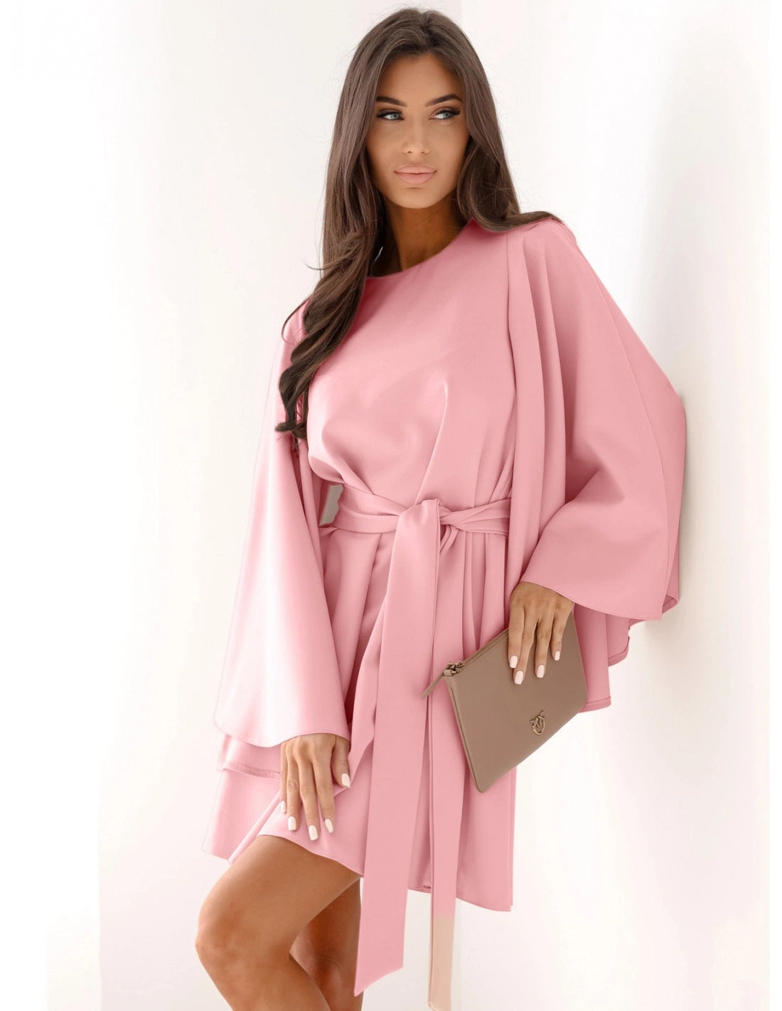 Autumn Mini Dress - Flared Sleeve Lace-Up Round Neck