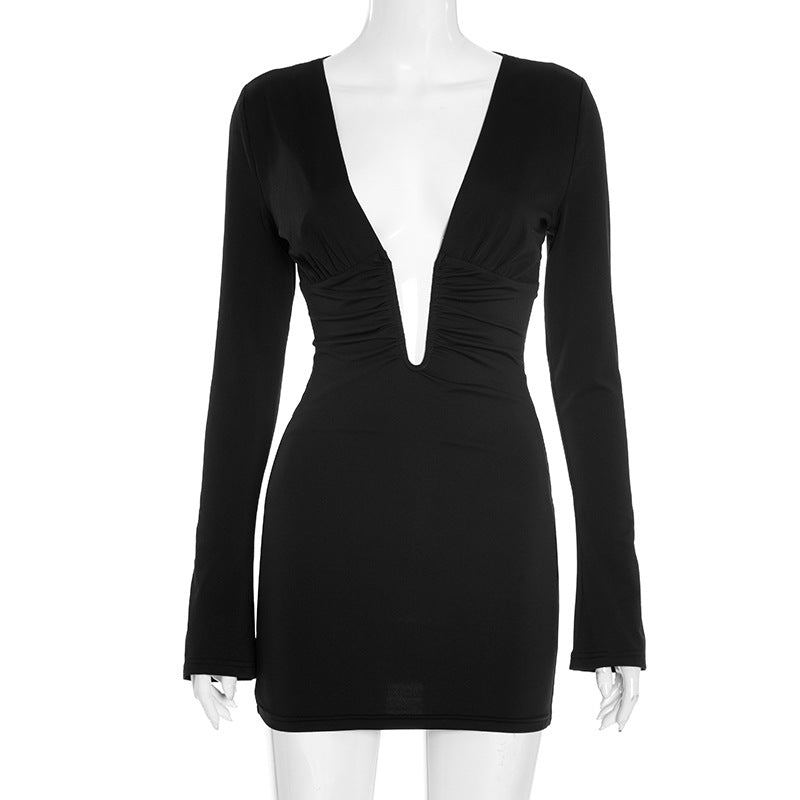 Deep V Mini Dress - Hollow-Out Long Sleeve Style - Fashions Envy